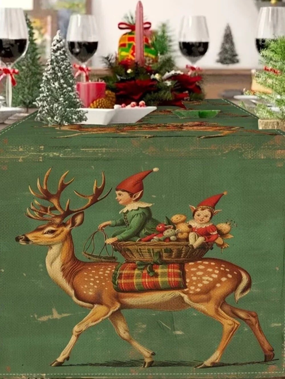 German Barvarian Christmas Tablecloth Runner Elves Reindeers Retro Cottagecore
